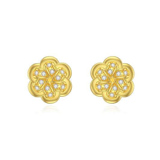 925 Sterling Silver Plated Gold Flower Stud Earrings with Cubic Zirconia - Elegant Floral Design for Women's Fashion Accessories