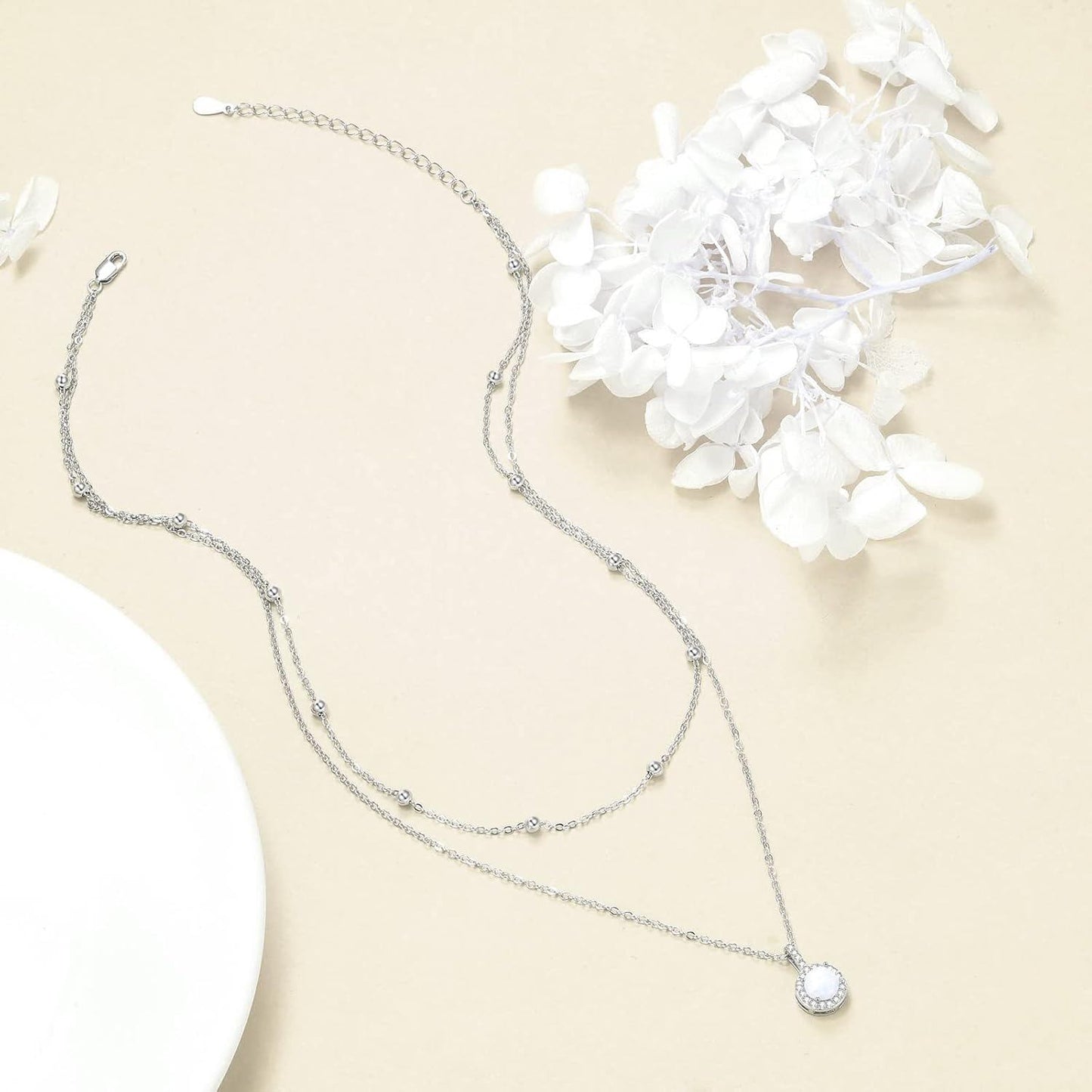 925 Sterling Silver Layered Necklace with Opal Pendant s for Women
