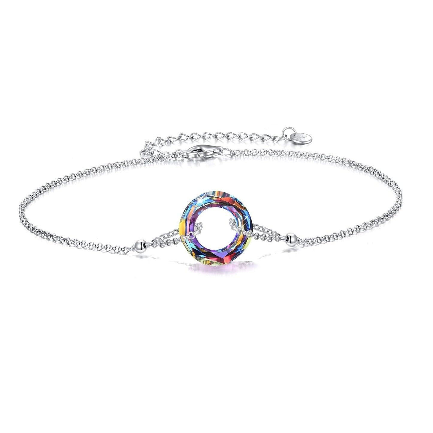 925 Sterling Silver Blue Crystal Circle Chain Bracelet for Women s