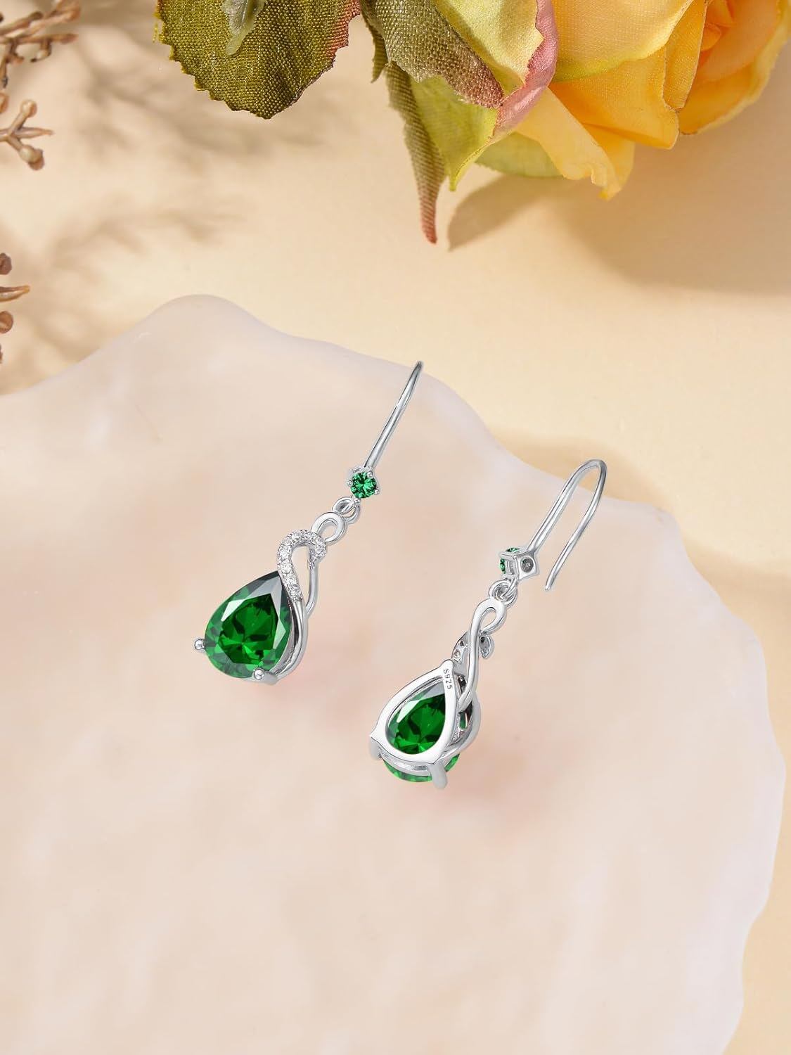 Sterling Silver Emerald Teardrop Dangle Earrings, May Birthstone Green Heart-Shaped Gemstone Hook Drop Jewelry for Mother's Day Gift
