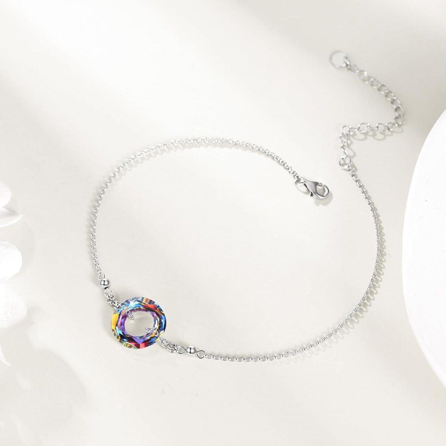 925 Sterling Silver Blue Crystal Circle Chain Bracelet for Women s