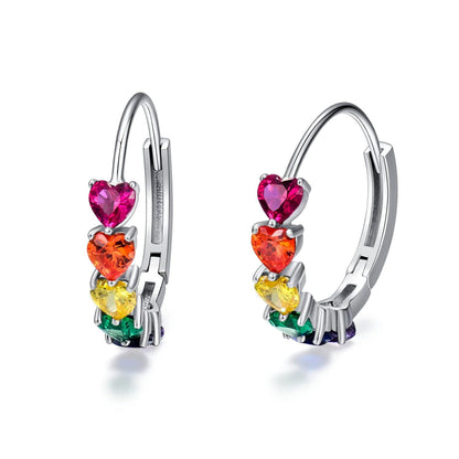 925 Sterling Silver Multi-Color Heart-Shaped Rainbow Stone Huggie Hoop Earrings for Women