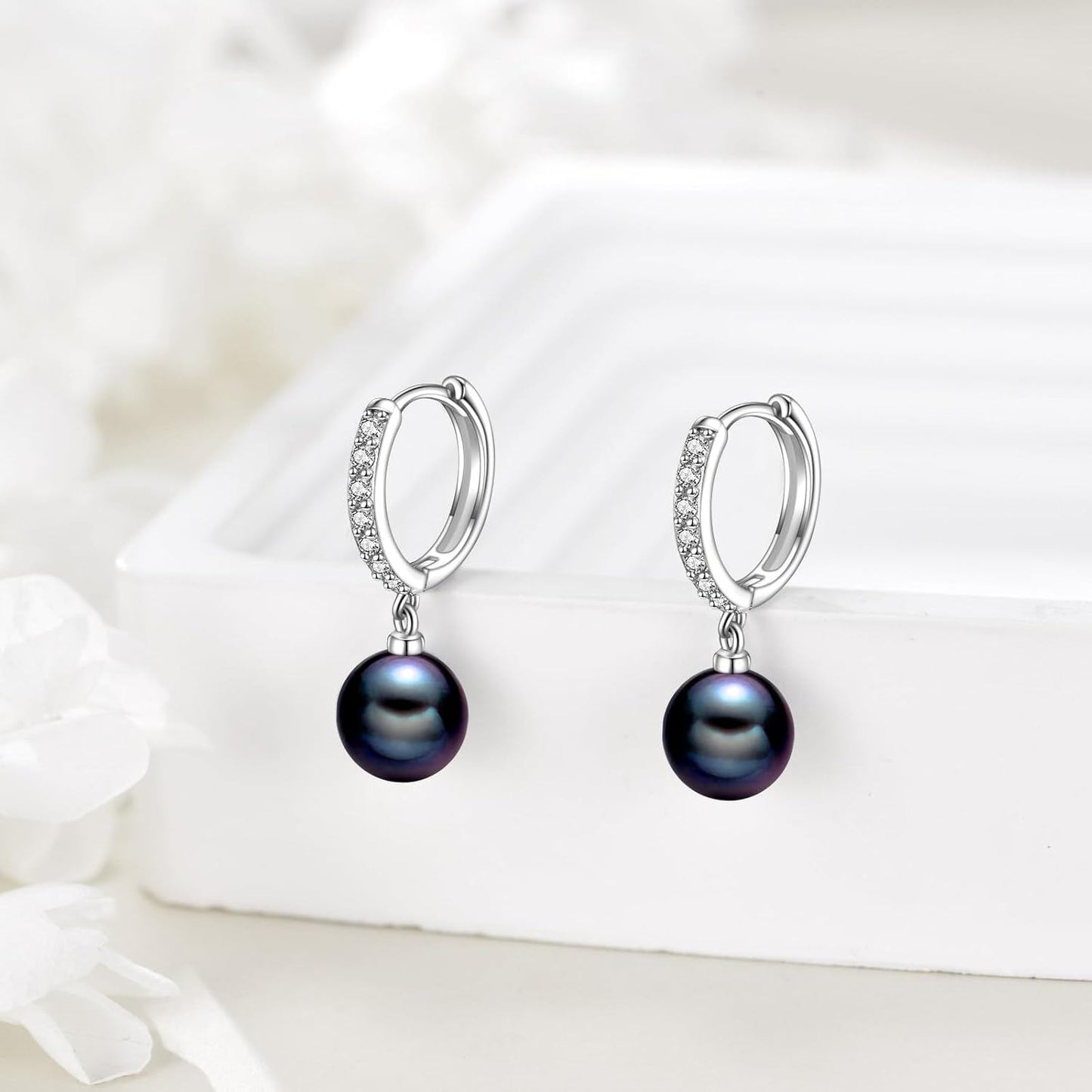 925 Sterling Silver Black Pearl Drop Hoop Earrings for Women