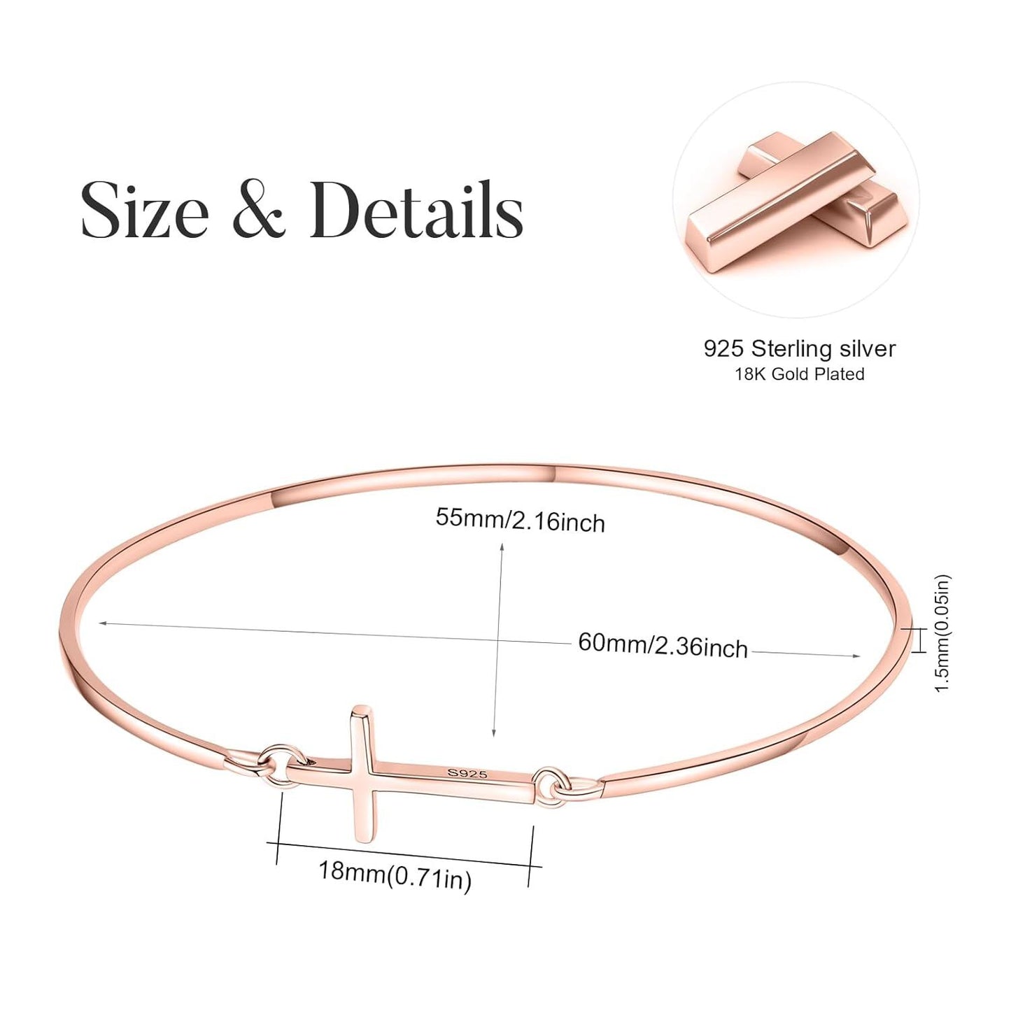 925 Sterling Silver Rose Gold Plated Infinity Cross Bangle Bracelet for Women - Christian Religious s