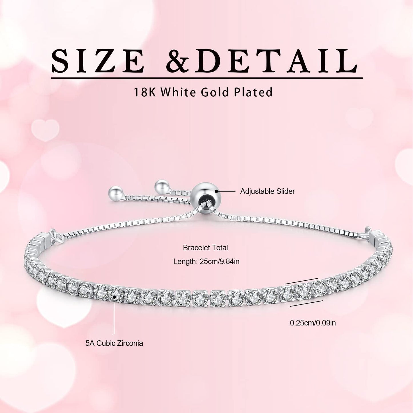 925 Sterling Silver Cubic Zirconia Tennis Bracelet with Adjustable Closure - Elegant Gift for Her