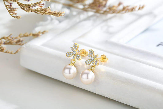 Gold 925 Sterling Silver Dragonfly White Shell Pearl Stud Earrings 6mm AAA Cubic Zirconia Stones Jewelry for Women Girls Gift Boxed