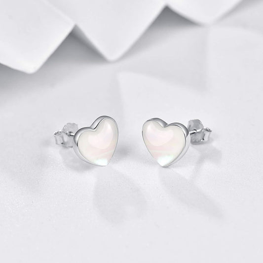 925 Sterling Silver Heart Shape Mother of Pearl Stud Earrings for Women Girls Gifts Jewelry Accessories Hypoallergenic Safe 6MM Size