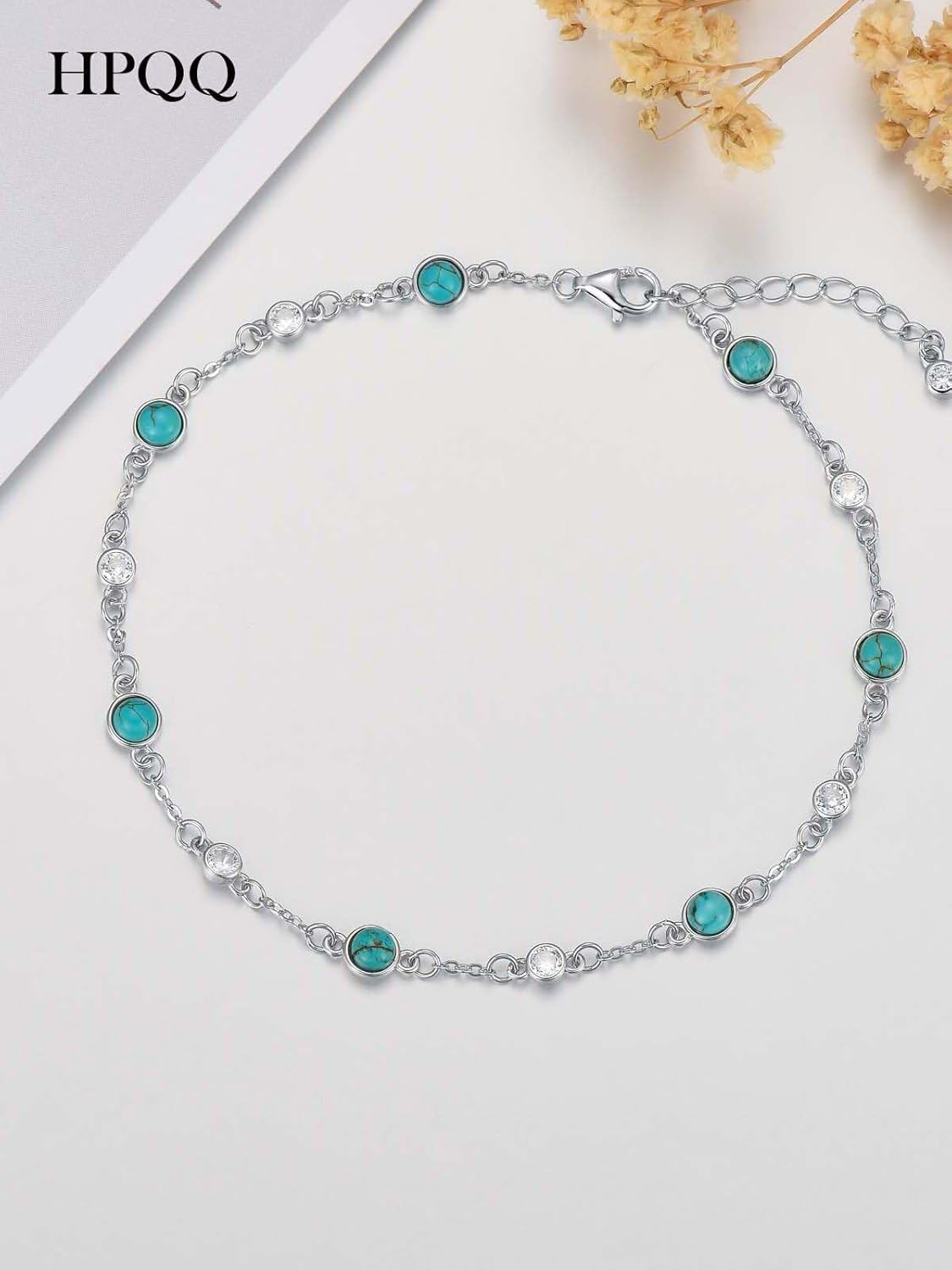 925 Sterling Silver Turquoise Beaded Chain Anklet Bracelet for Women