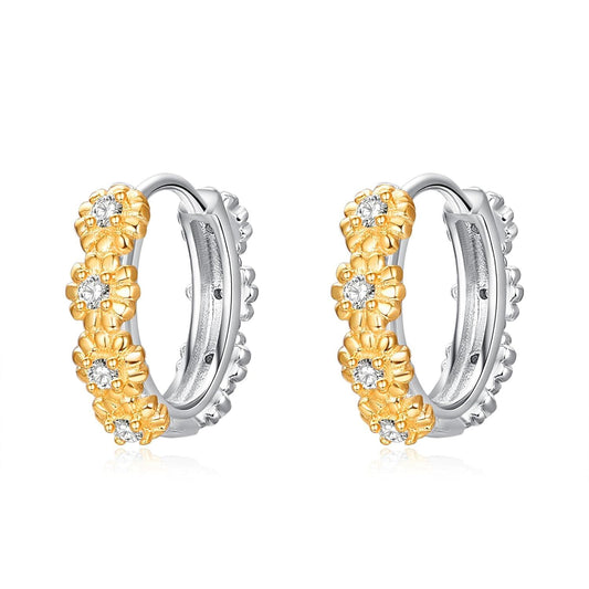 925 Sterling Silver Gold Plated Daisy Flower Huggie Hoop Earrings for Women and Girls 2 Pairs Set