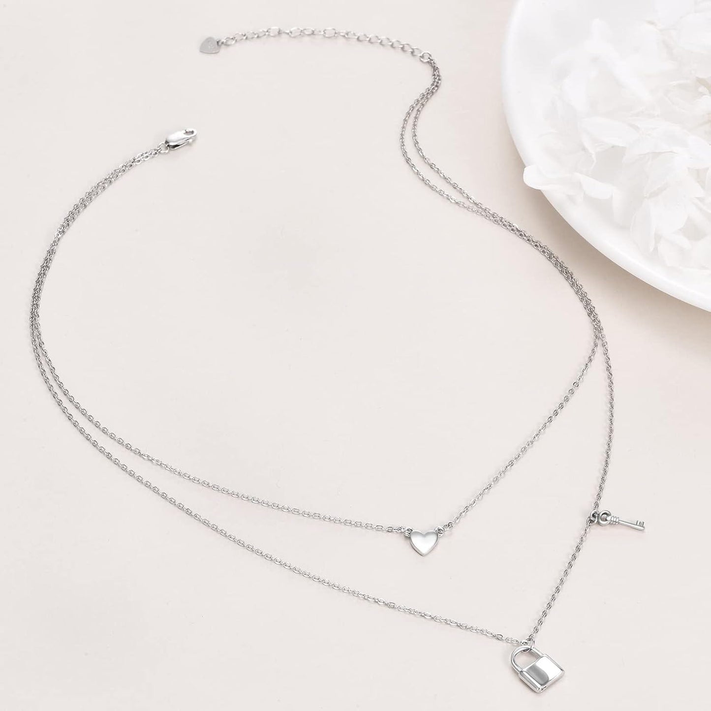 925 Sterling Silver Layered Choker Necklace with Heart and Key Charms s for Women