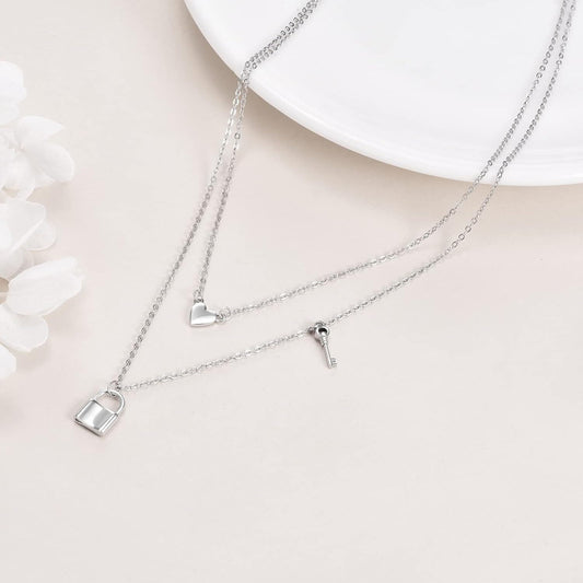 925 Sterling Silver Layered Choker Necklace with Heart and Key Charms s for Women