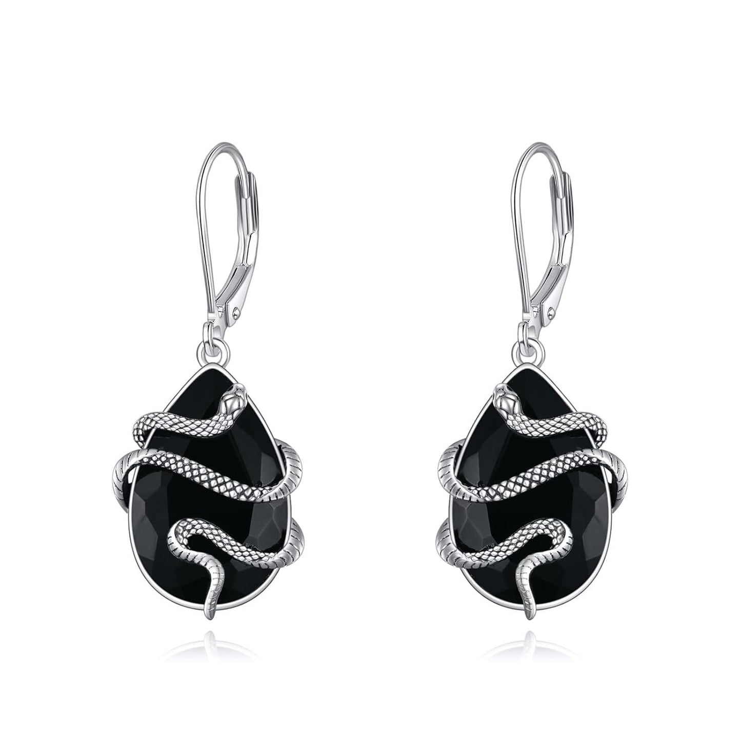 925 Sterling Silver Black Tourmaline Snake Dangle Drop Leverback Earrings Crystal Healing Jewelry Spiritual Protection Gifts for Women