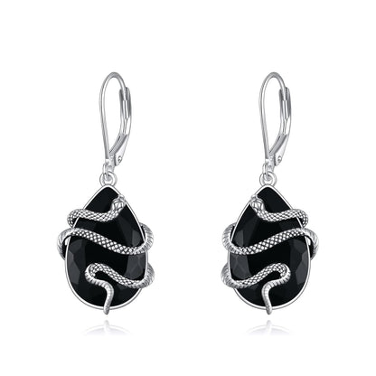 925 Sterling Silver Black Tourmaline Snake Dangle Drop Leverback Earrings Crystal Healing Jewelry Spiritual Protection Gifts for Women