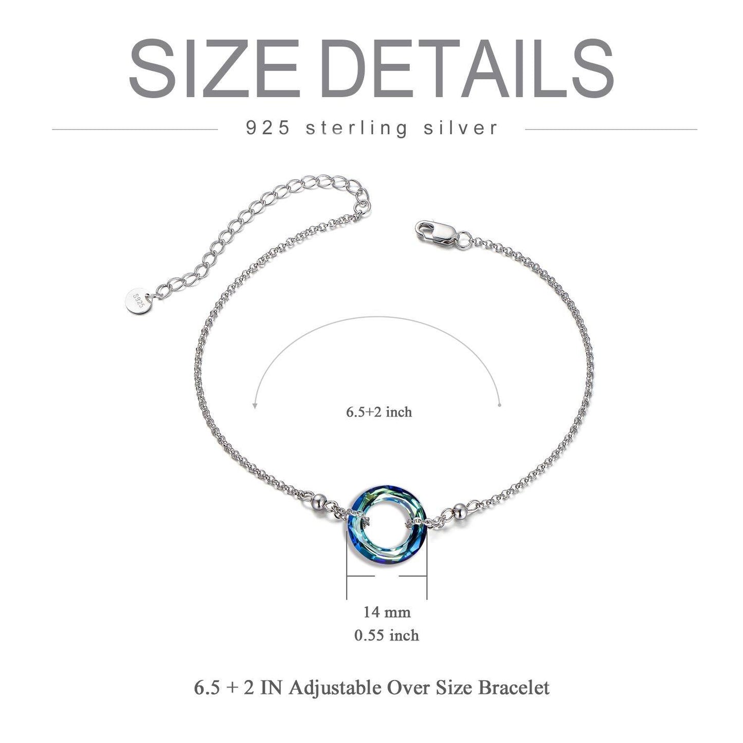 925 Sterling Silver Blue Crystal Circle Chain Bracelet for Women s