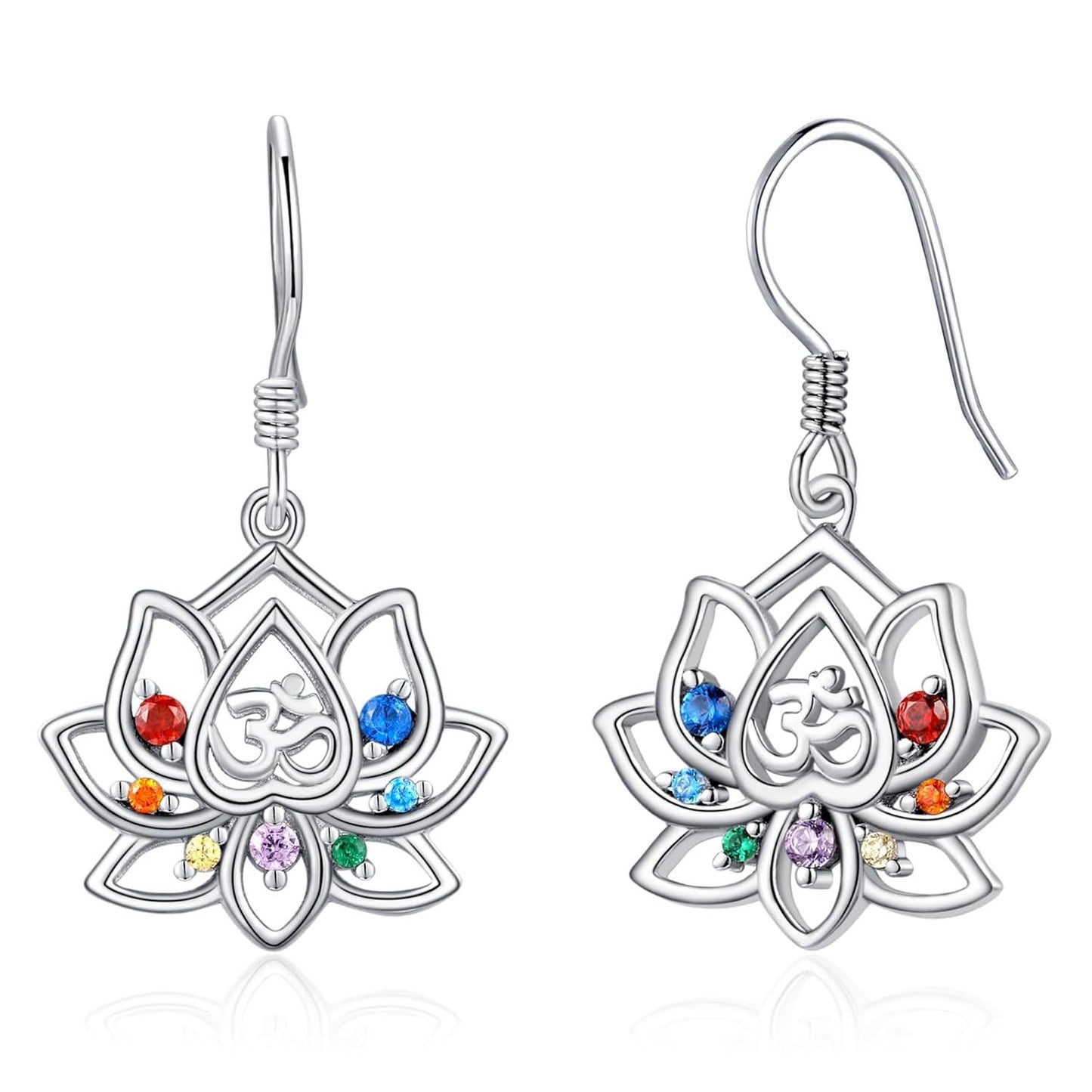 925 Sterling Silver Lotus Earrings with 7 Chakra Stones, 16mm Dangle Drop for Women