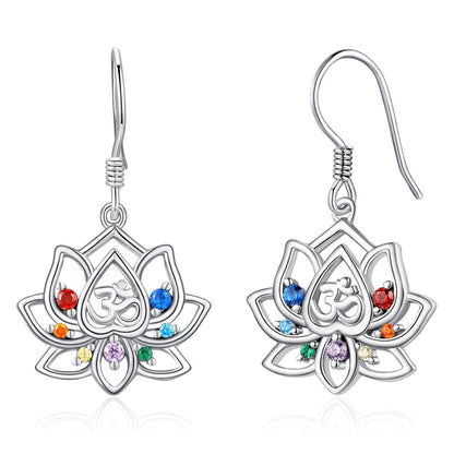 925 Sterling Silver Lotus Earrings with 7 Chakra Stones, 16mm Dangle Drop for Women