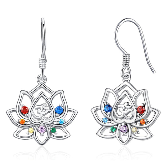 925 Sterling Silver Lotus Earrings with 7 Chakra Stones, 16mm Dangle Drop for Women