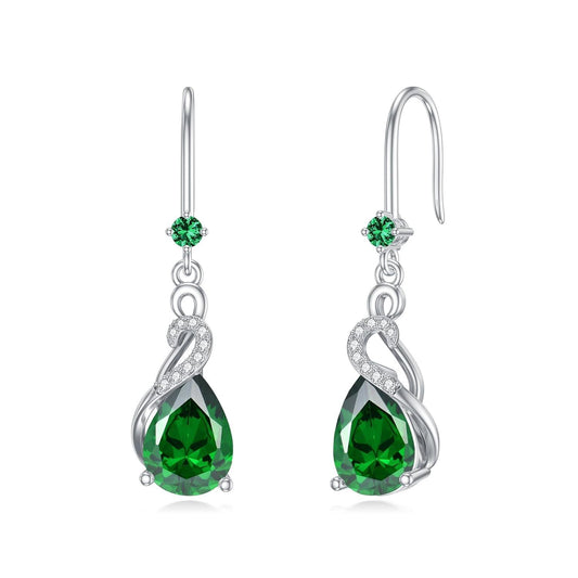 Sterling Silver Emerald Teardrop Dangle Earrings, May Birthstone Green Heart-Shaped Gemstone Hook Drop Jewelry for Mother's Day Gift