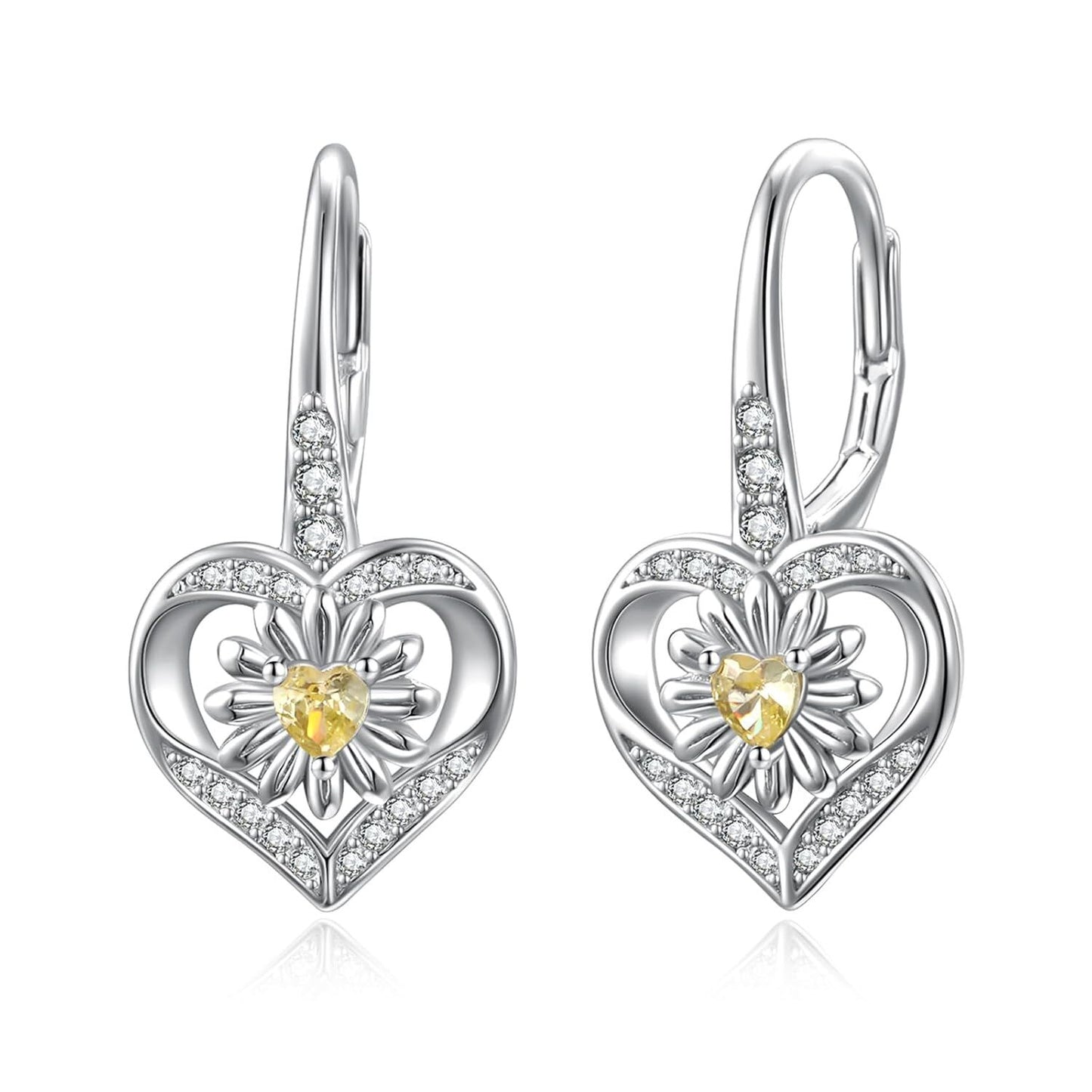 925 Sterling Silver Yellow Citrine Daisy Flower Heart Drop Dangle Lever Back Earrings for Women