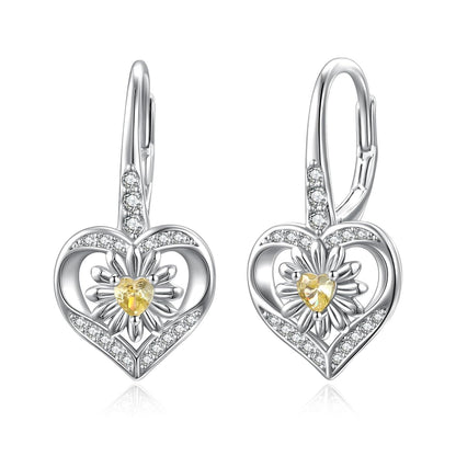 925 Sterling Silver Yellow Citrine Daisy Flower Heart Drop Dangle Lever Back Earrings for Women