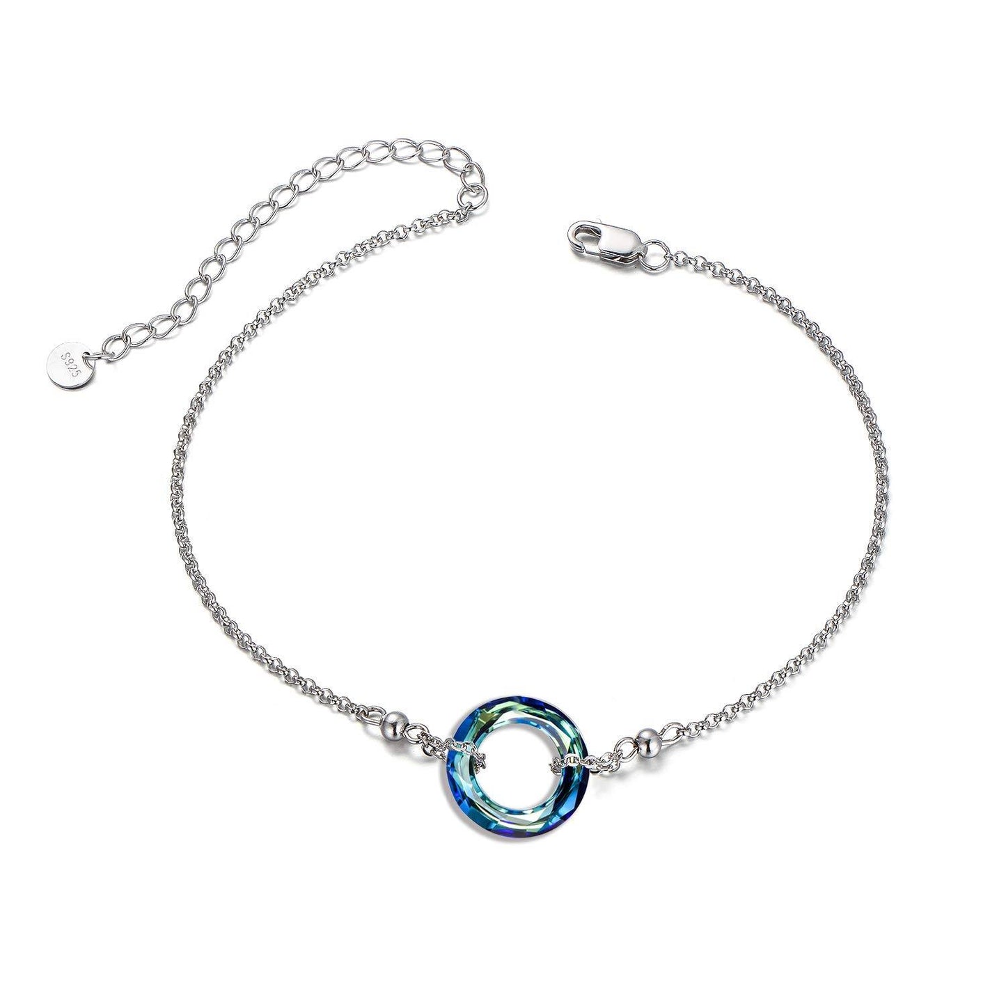 925 Sterling Silver Blue Crystal Circle Chain Bracelet for Women s