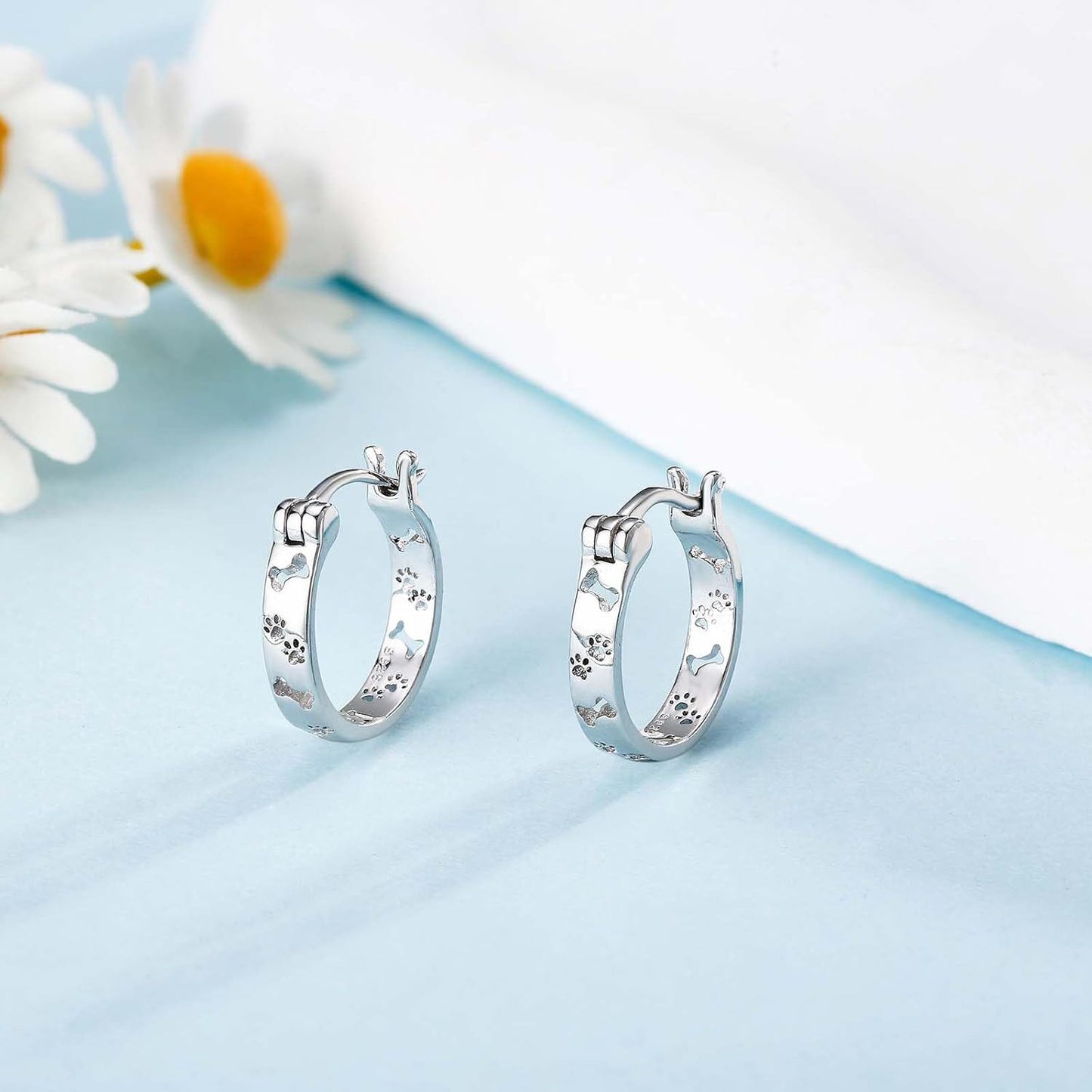 925 Sterling Silver Dog Paw Print & Bone Design Hoop Earrings for Women and Girls