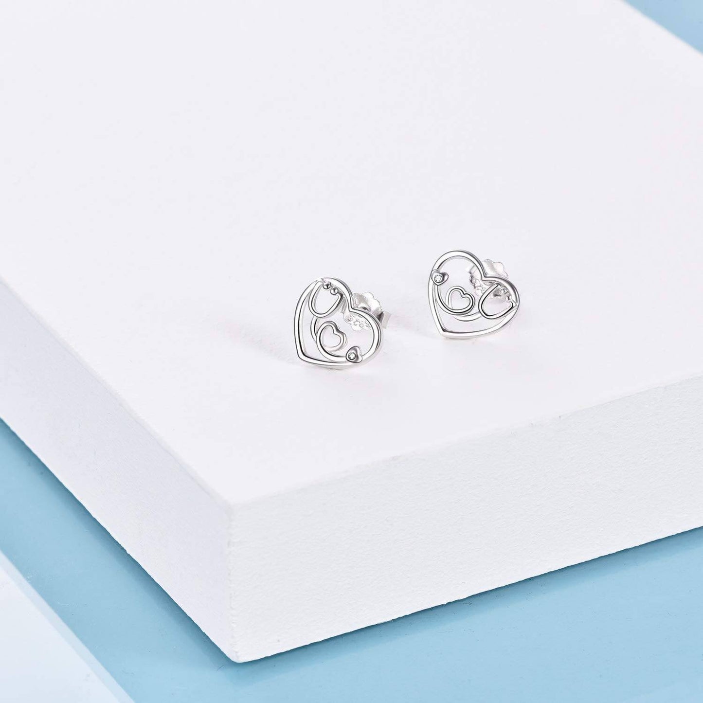 925 Sterling Silver Heart Stethoscope Stud Earrings for Nurses Gifts