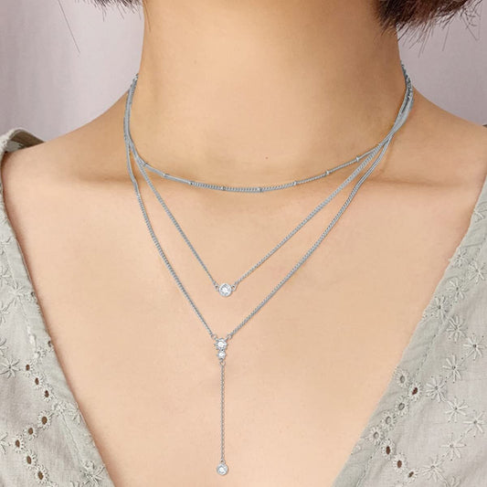 925 Sterling Silver Bohemian Layered Y-Shaped Pendant Necklace with Three Vertical Bars and Triangular Drop - Holiday Gift for Her