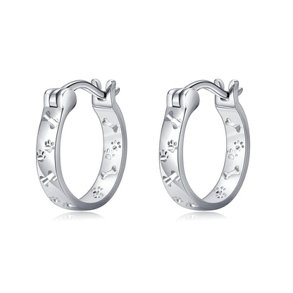 925 Sterling Silver Dog Paw Print & Bone Design Hoop Earrings for Women and Girls