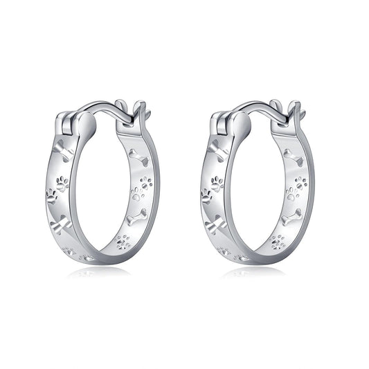 925 Sterling Silver Dog Paw Print & Bone Design Hoop Earrings for Women and Girls