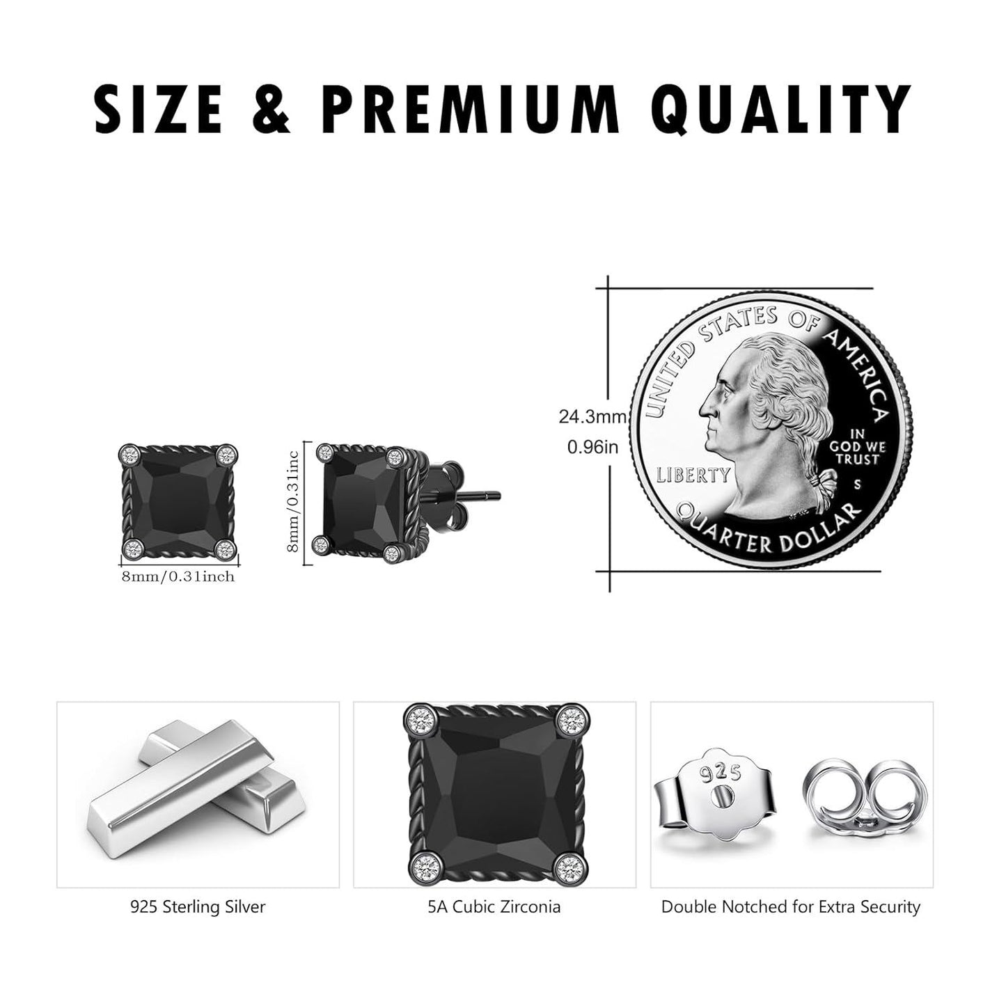 Black 925 Sterling Silver Black CZ Rope Edge Square Stud Earrings 8mm
