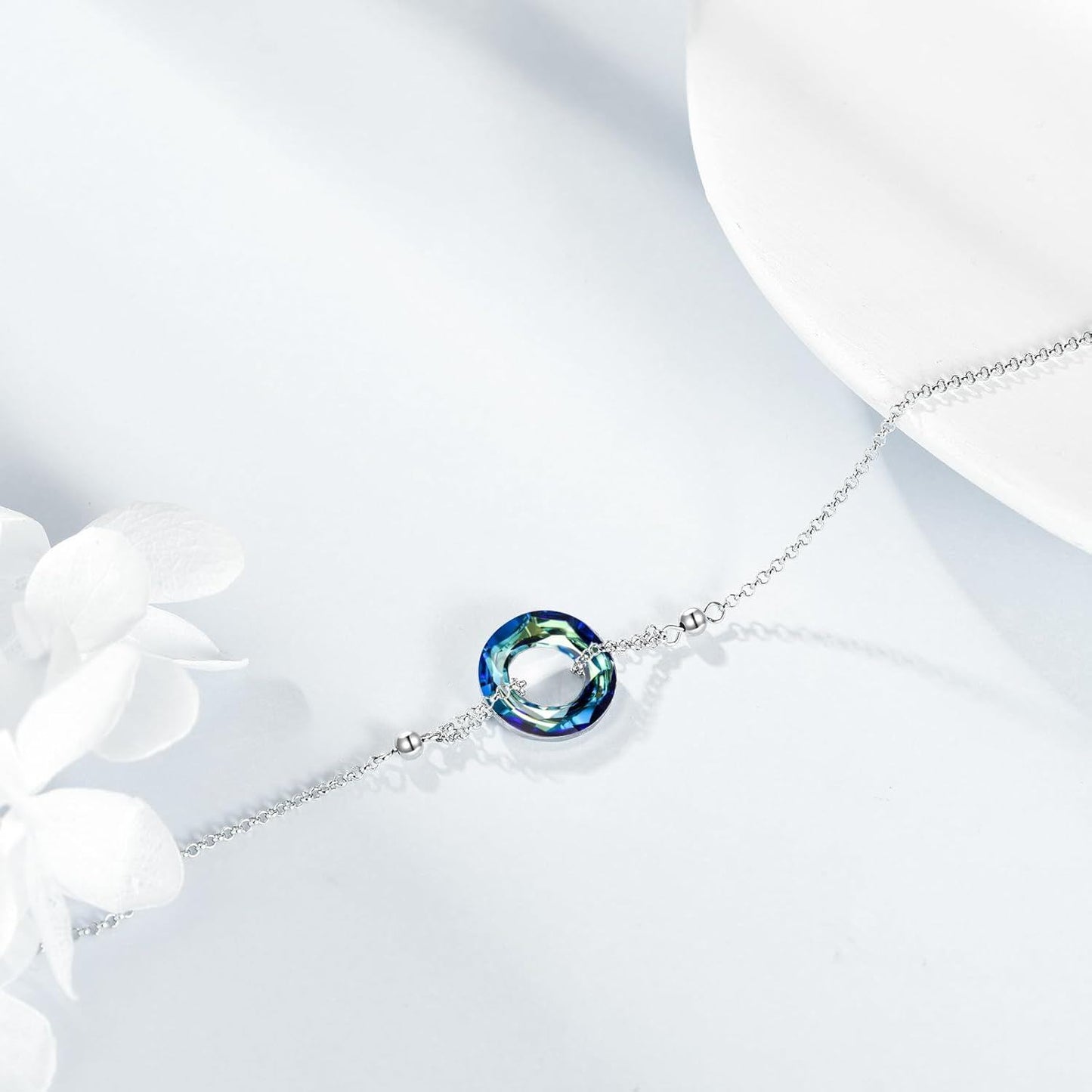 925 Sterling Silver Blue Crystal Circle Chain Bracelet for Women s