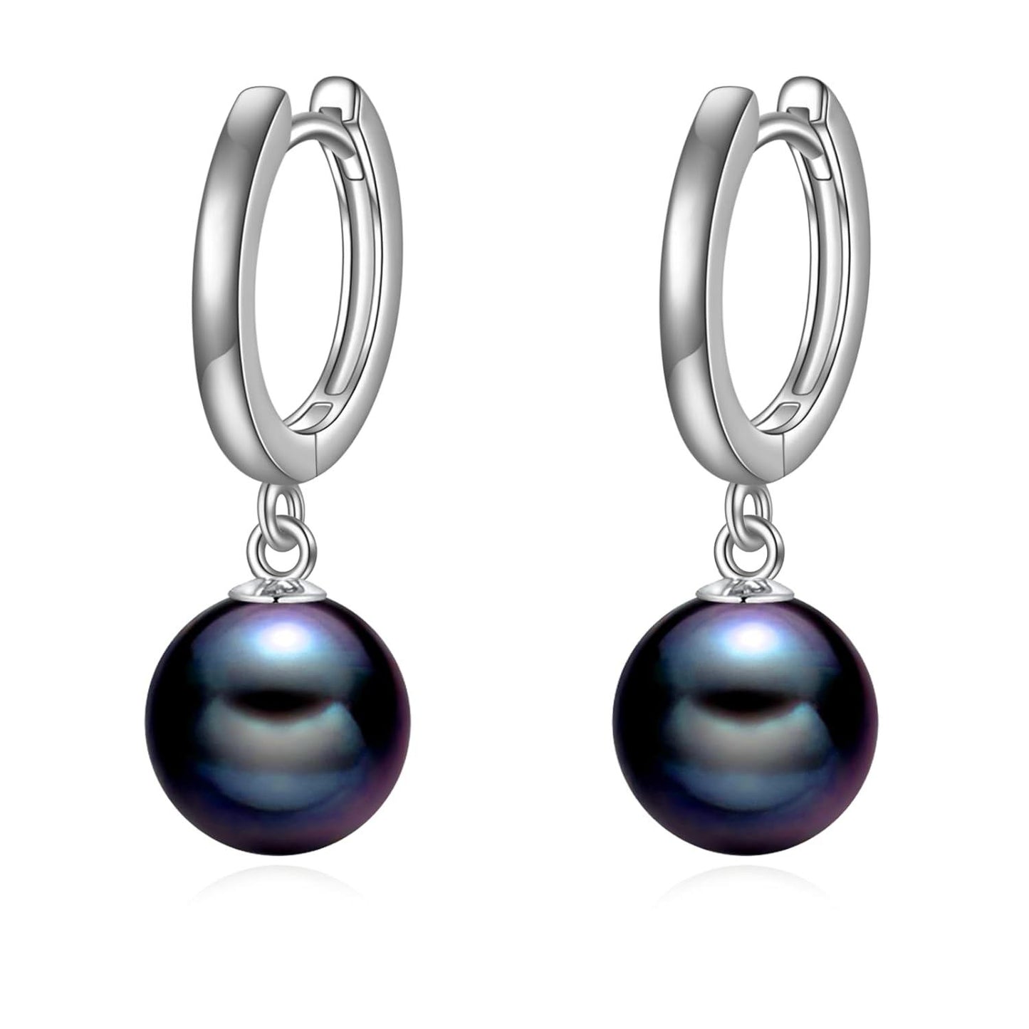 925 Sterling Silver Black Pearl Drop Hoop Earrings for Women