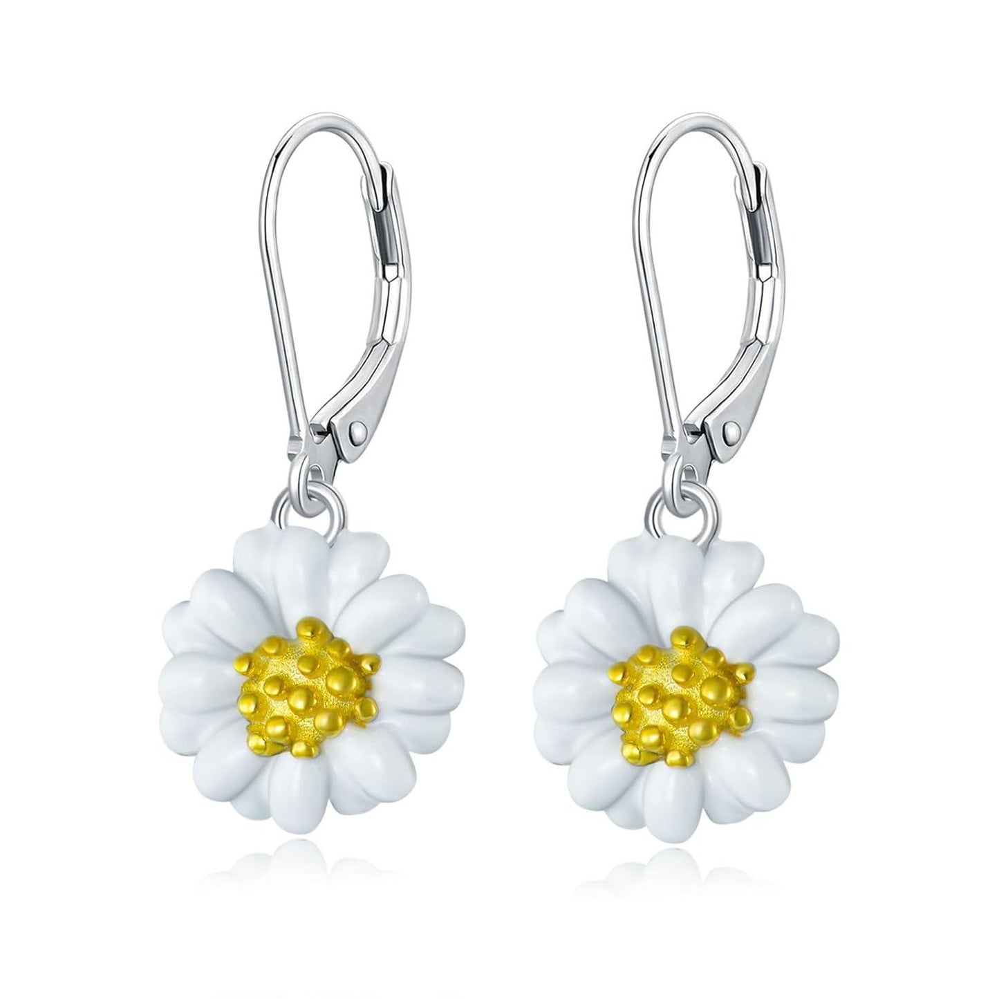 925 Sterling Silver Daisy Flower Leverback Dangle Drop Earrings