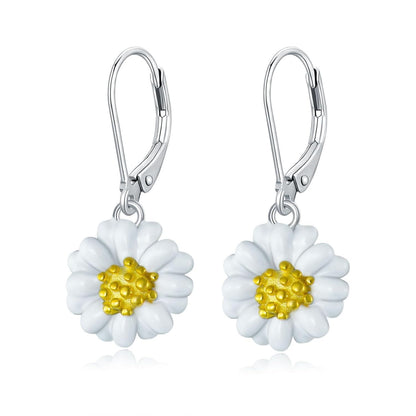 925 Sterling Silver Daisy Flower Leverback Dangle Drop Earrings