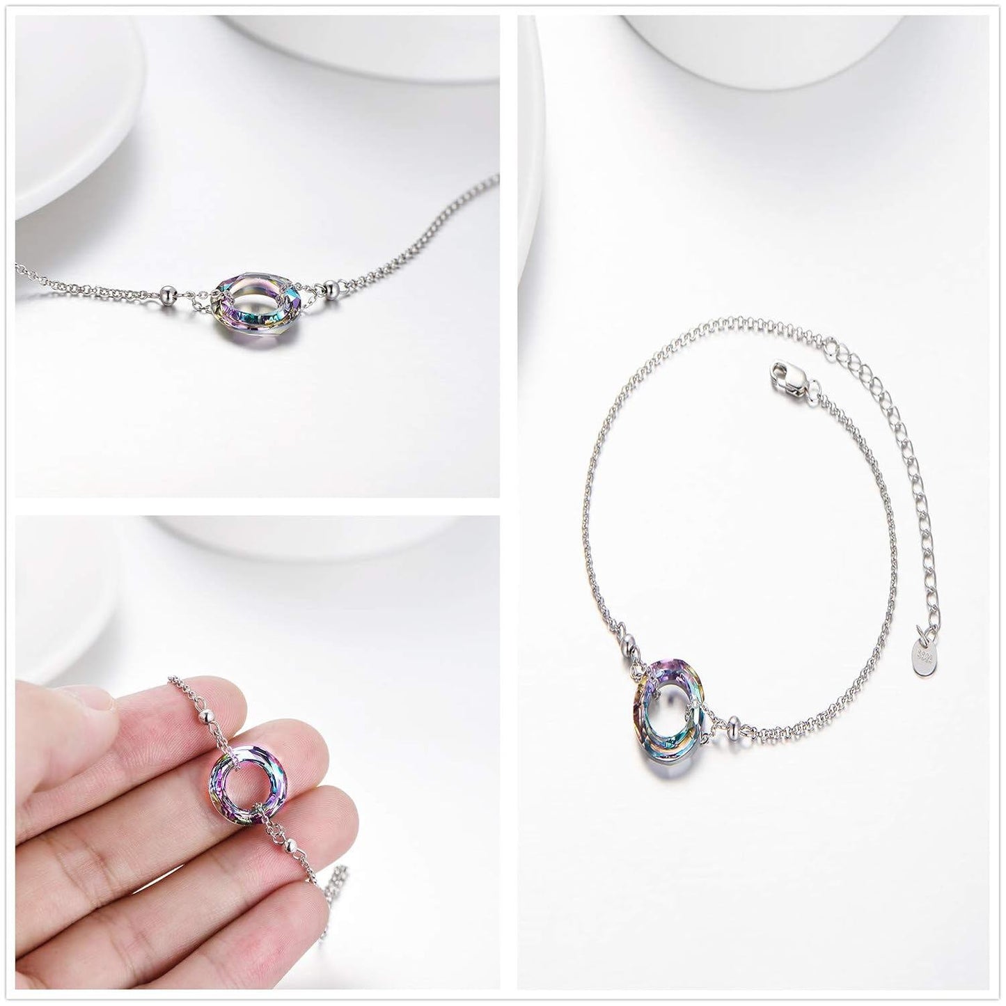 925 Sterling Silver Blue Crystal Circle Chain Bracelet for Women s