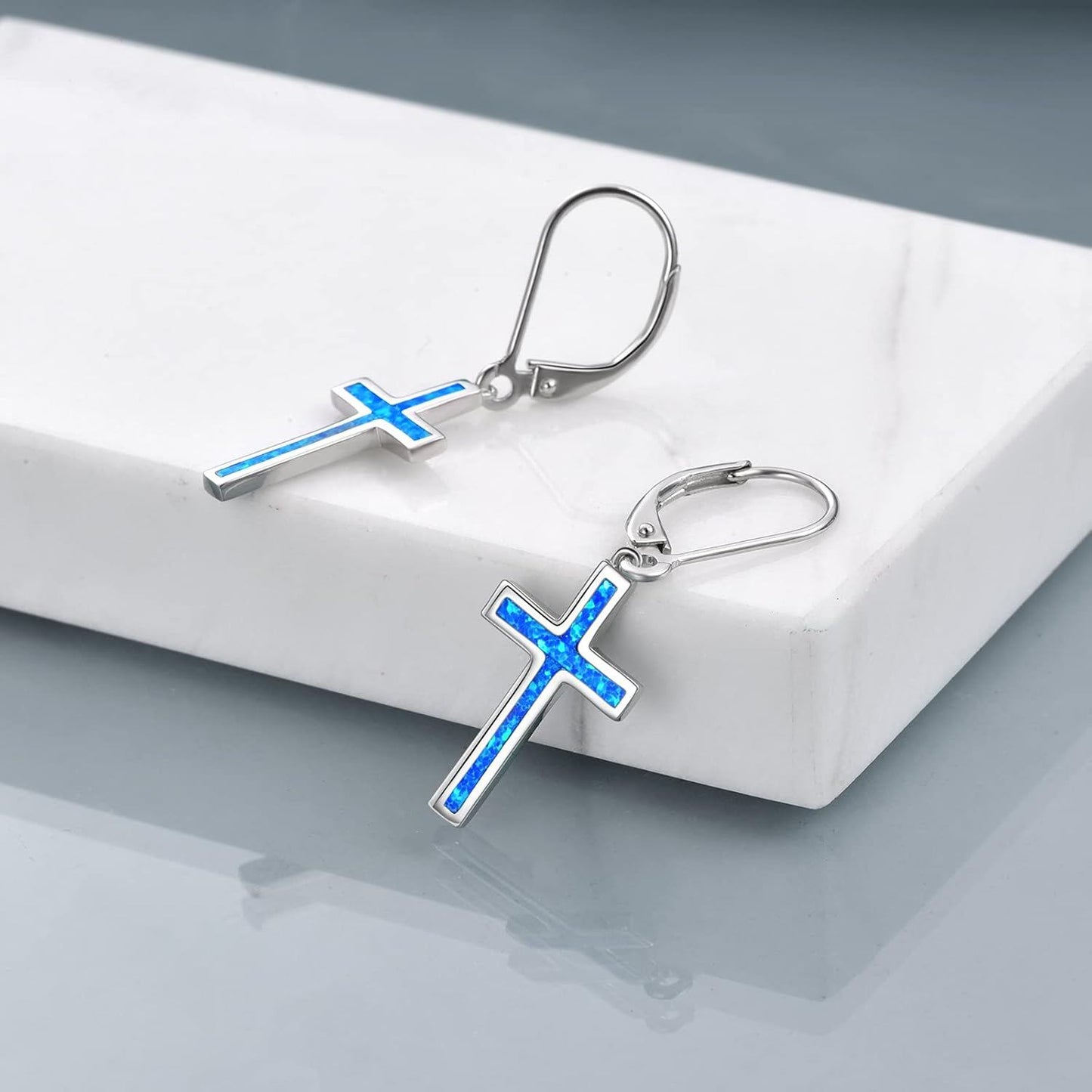 925 Sterling Silver Opal Cross Leverback Dangle Drop Earrings for Women and Men