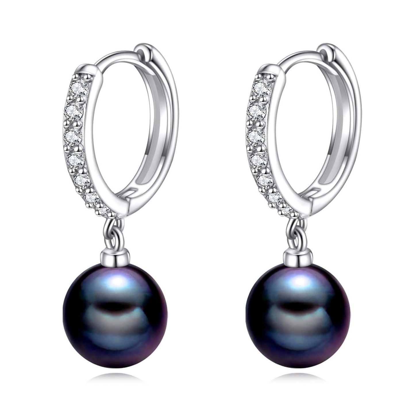 925 Sterling Silver Black Pearl Drop Hoop Earrings for Women