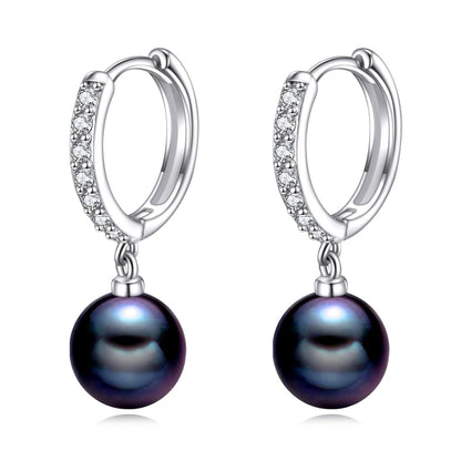 925 Sterling Silver Black Pearl Drop Hoop Earrings for Women