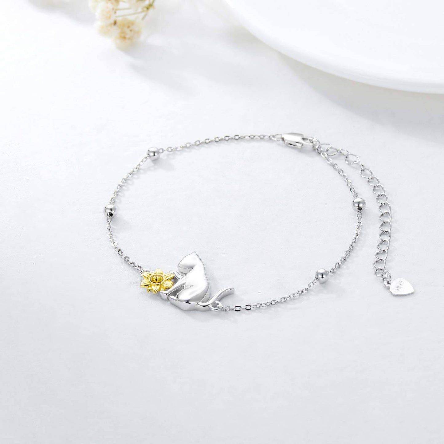 925 Sterling Silver Black & White Cats Adjustable Link Chain Bracelet (7-9 inches)