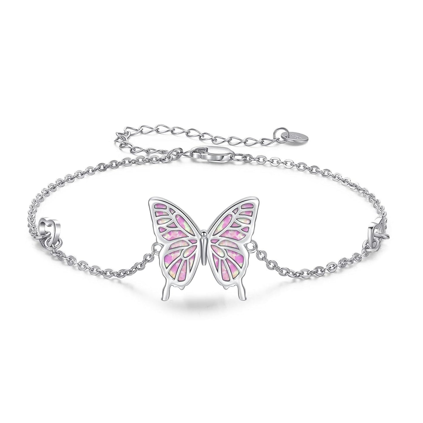925 Sterling Silver Pink Opal Inlay Butterfly Charm Chain Bracelet for Women