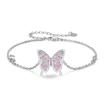 925 Sterling Silver Pink Opal Inlay Butterfly Charm Chain Bracelet for Women