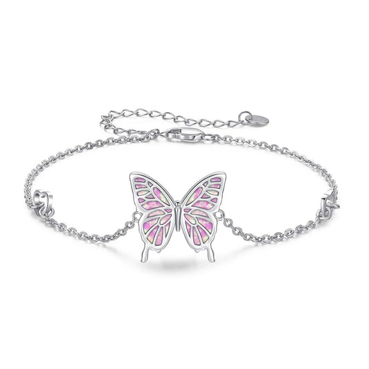 925 Sterling Silver Pink Opal Inlay Butterfly Charm Chain Bracelet for Women