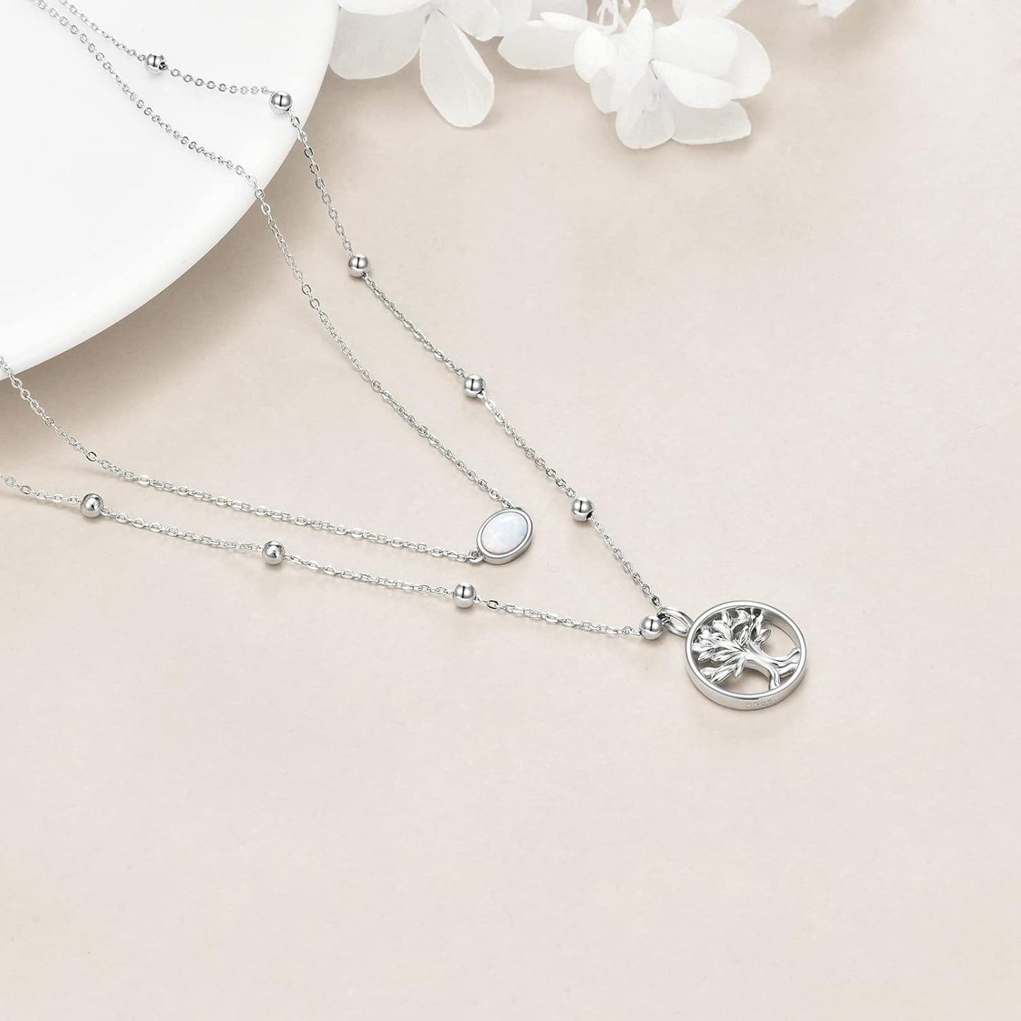 925 Sterling Silver Tree of Life Opal Pendant Layered Choker Necklaces for Women Gifts