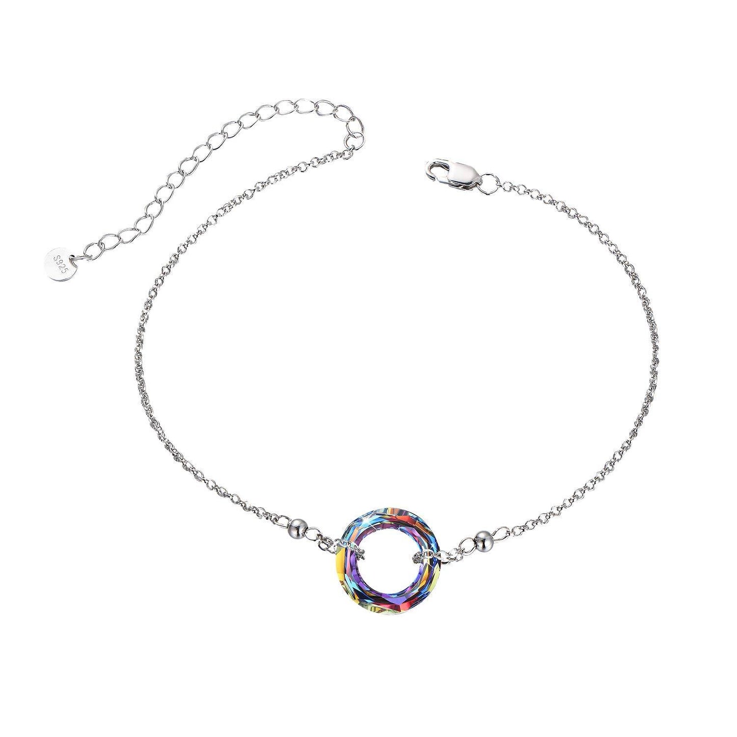 925 Sterling Silver Blue Crystal Circle Chain Bracelet for Women s