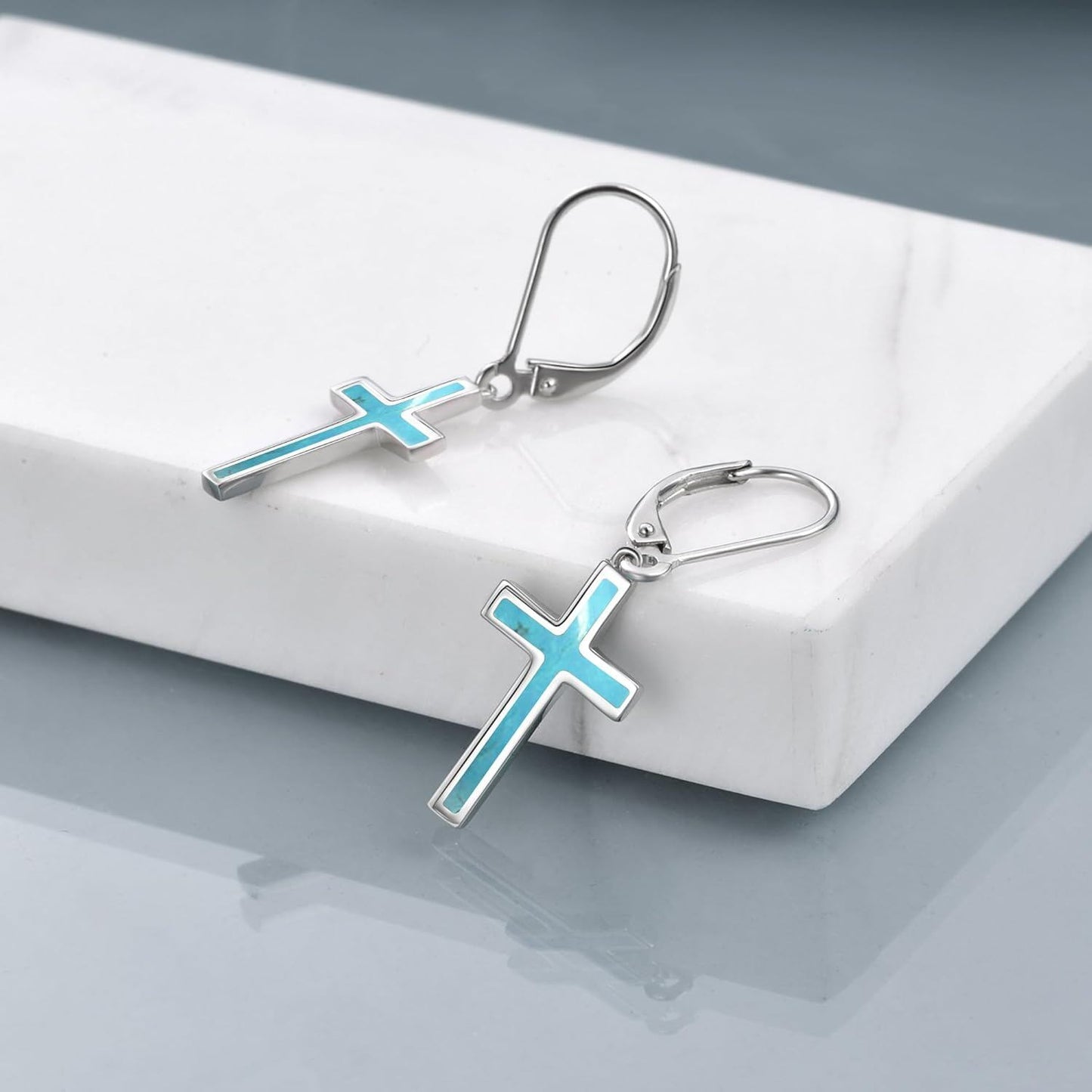 925 Sterling Silver Opal Cross Leverback Dangle Drop Earrings for Women and Men