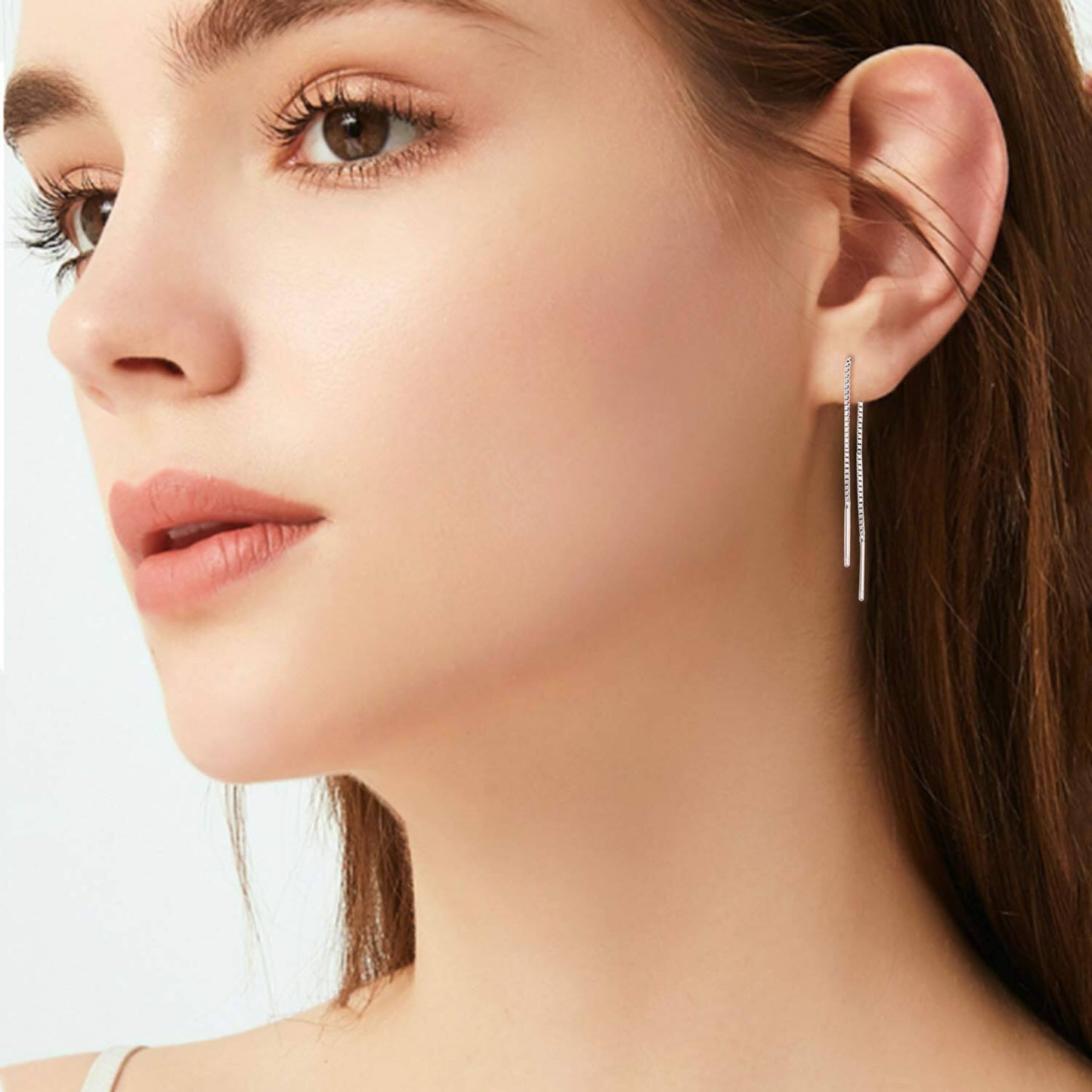 Gold 925 Sterling Silver Threader Chain Dangle Earrings with Long Bar Pendant for Women 925 Gold Plated Minimalist  Idea