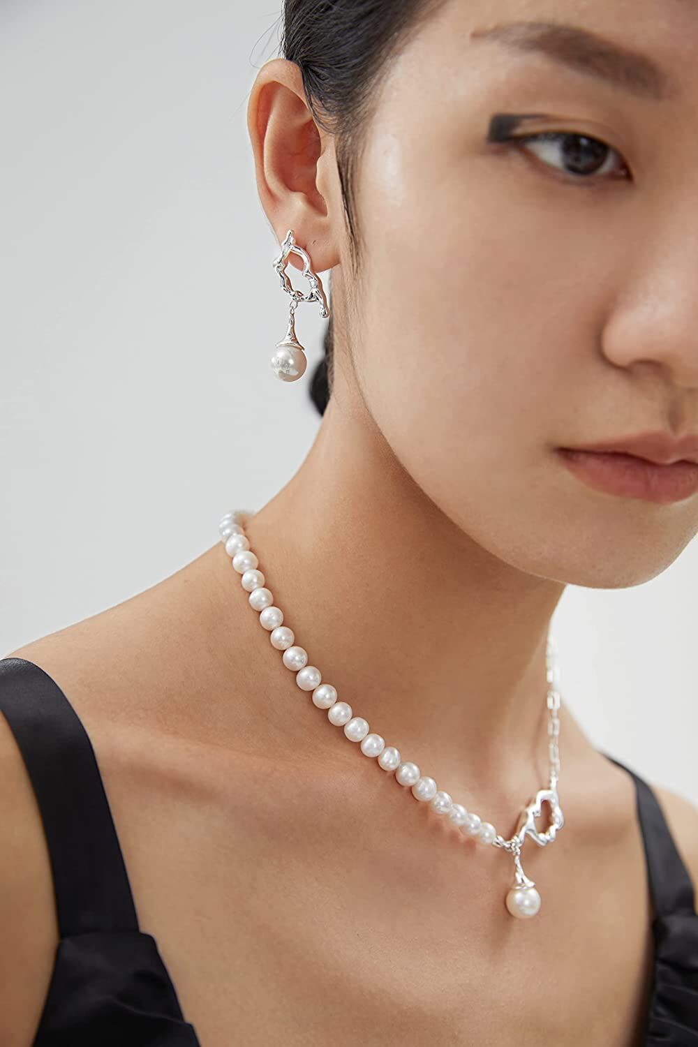 925 Sterling Silver Metal Pearl Choker 14-16mm Round White Freshwater Pearls Necklaces for Women