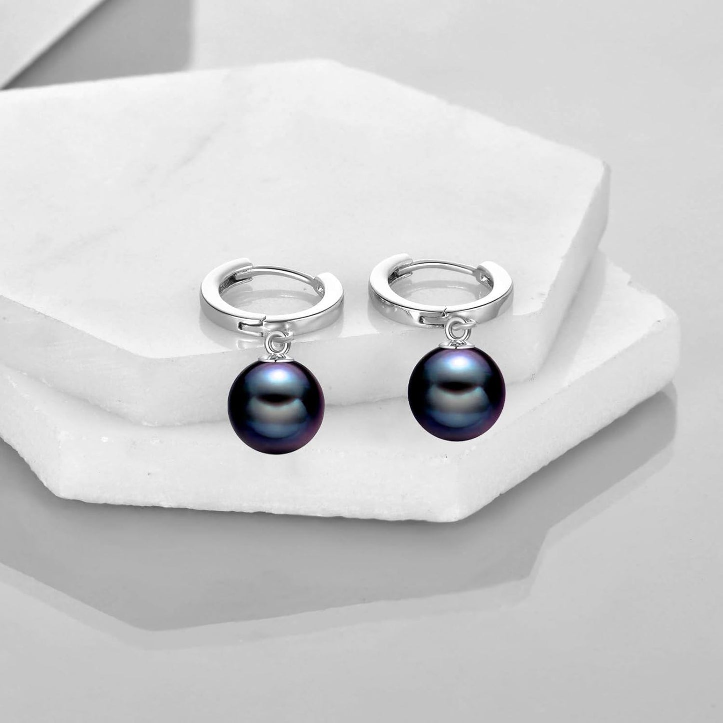 925 Sterling Silver Black Pearl Drop Hoop Earrings for Women