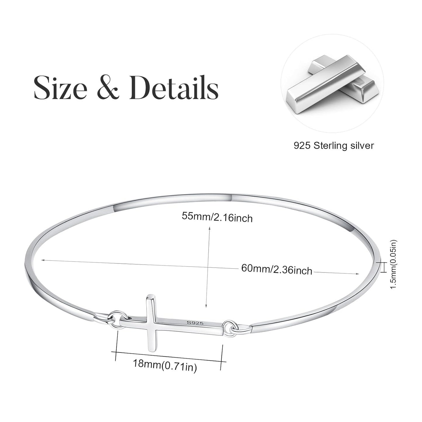925 Sterling Silver Infinity Cross Bangle Bracelet for Women - Christian Religious s